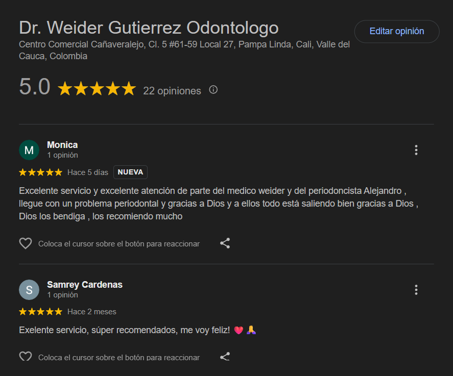 Reseñas de Google del Dr. Weider Gutierrez Odontologo - 5.0 estrellas